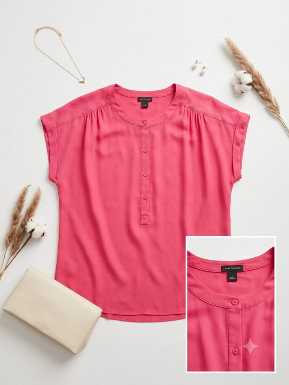 Ann Taylor Coral Pink Henley Henley Popover Blouse - Size L